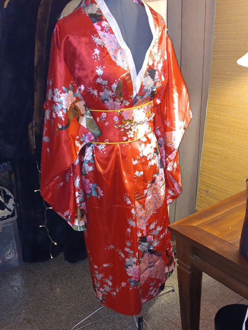 Red Floral Satin Kimono Coat - Unbranded